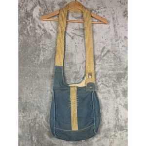 VTG Simple Brand Crossbody Bag Distressed Canvas Jute Blue Boho Y2K Granola Girl